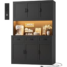 HOSTACK 72" Tall Kitchen Pantry Cabinet with Charging Station | LED Lights, 47" W Kitchen Pantry Storage Cabinet with Countertop, Modern Kitchens Hutch Cabinets with Storage for Dining Room, Black