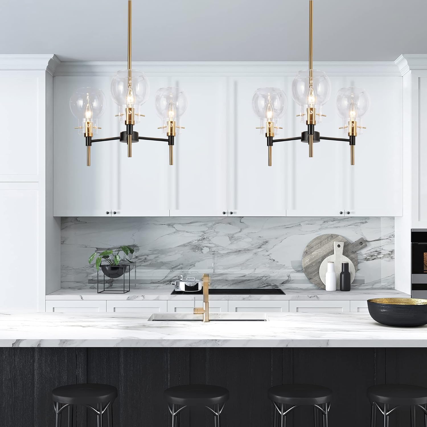 ZEVNI Chandeliers for Dining Room, Modern 3-Light Black Gold Pendant Lighting with Clear Glass Globes for Kitchen, Foyer, Living Room, 16" Dia