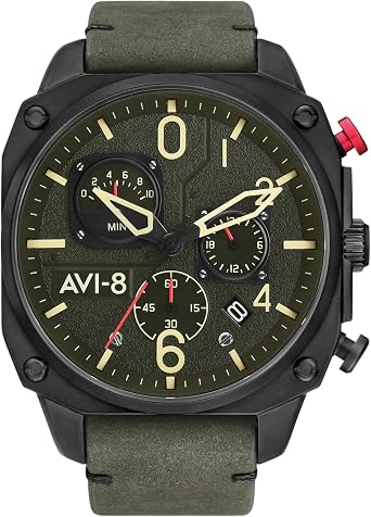 AVI-8 Hawker Hunter Retrograde Chronograph 45mm Watch for Men - Pilot Case, 10 Minute Retrograde & Date, Japanese Quartz, AR Mineral Glass, 5 ATM Water Resistant, Leather Strap, Mens Watch, New