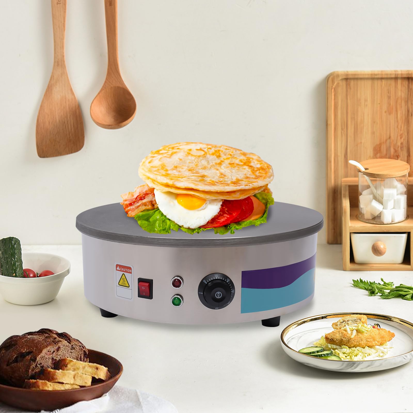 Crêpière Électrique, Poele a Crepe en Fonte, Crepiere Electrique Professionnel 45cm, avec Contrôle de Température 50-300°C, pour Crêpes, Pancakes, Omelettes, Livrée avec 2 Spatules