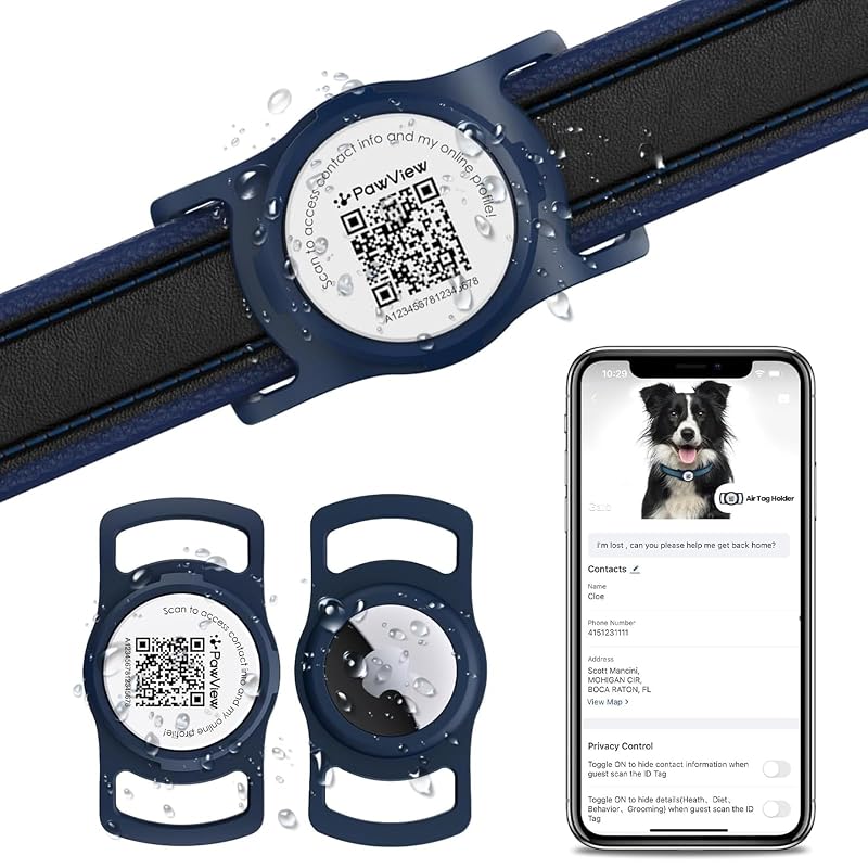 Suporte para AirTag em coleira para cães com QR Code, silicone resistente à água PawView, Navy Blue, Pacote com 1