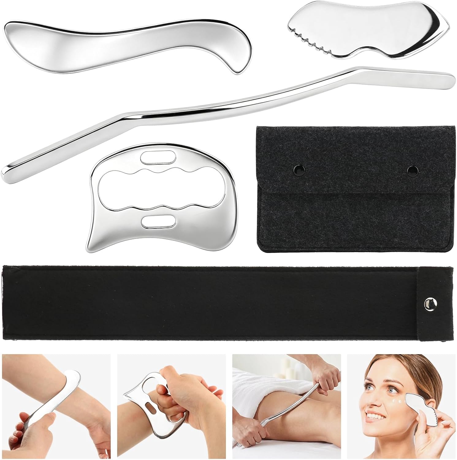 4 in 1 Stainless Steel GuaSha Muscle Scraper Tools Set | Plantar Fasciitis Scraper, 2 Pcs Storage Bags, Scraping Massage Tools, Physical Therapy