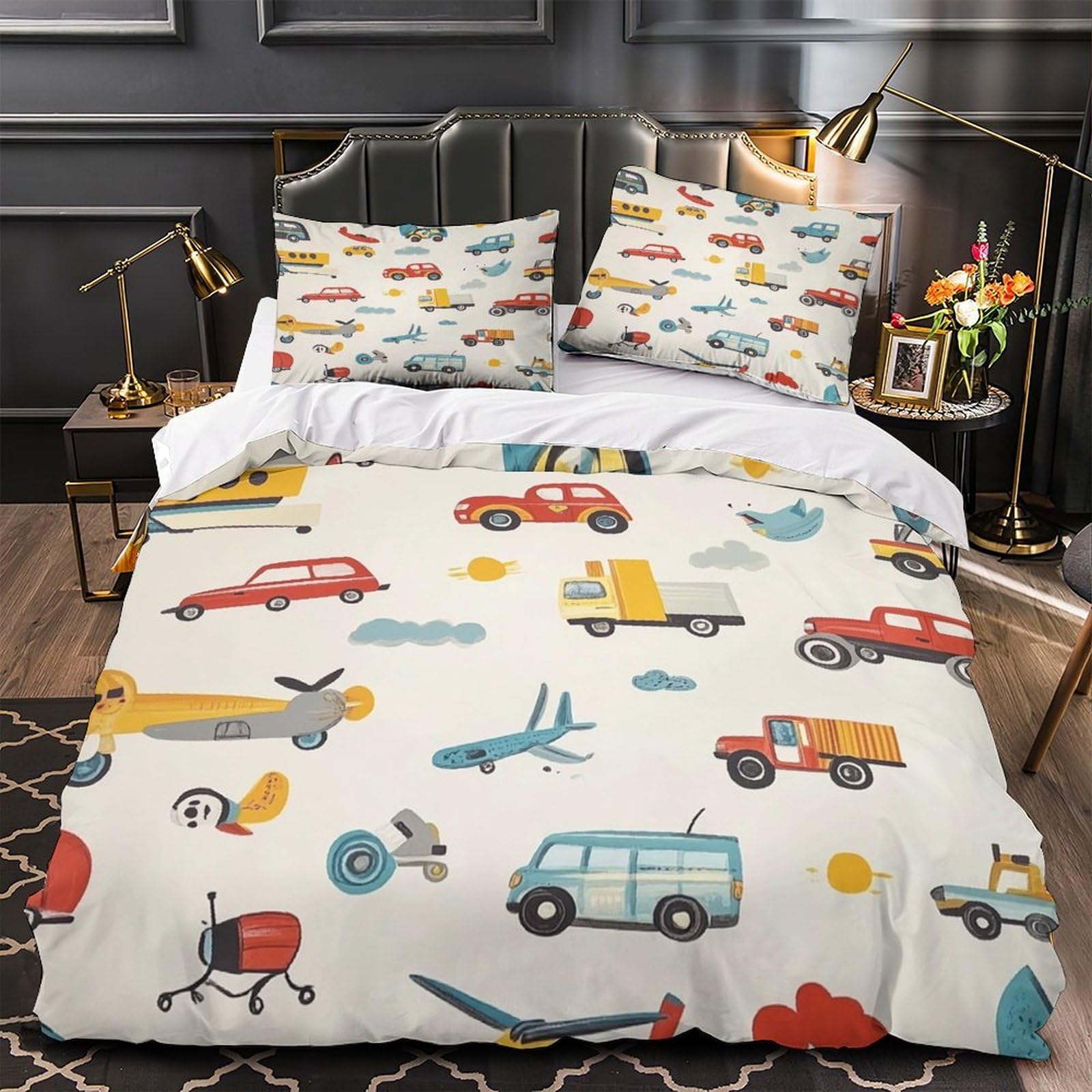 Housse de couette véhicules enfants 135x200cm en microfibre douce avec taie