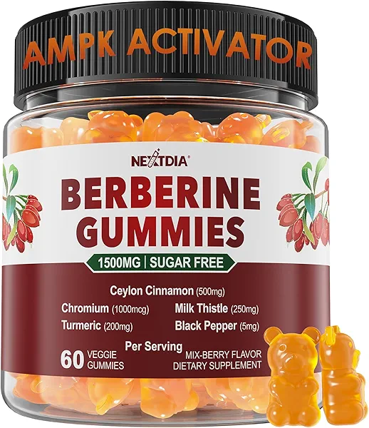 Berberine Gummies 1500mg Sugar Free, Organic Berberine Supplement w/Ceylon Cinnamon, Chromium, Turmeric, Milk Thistle for Metabolism Balanced, Berberine HCl from Indian Barberry Extract, Vegan 60 Cts