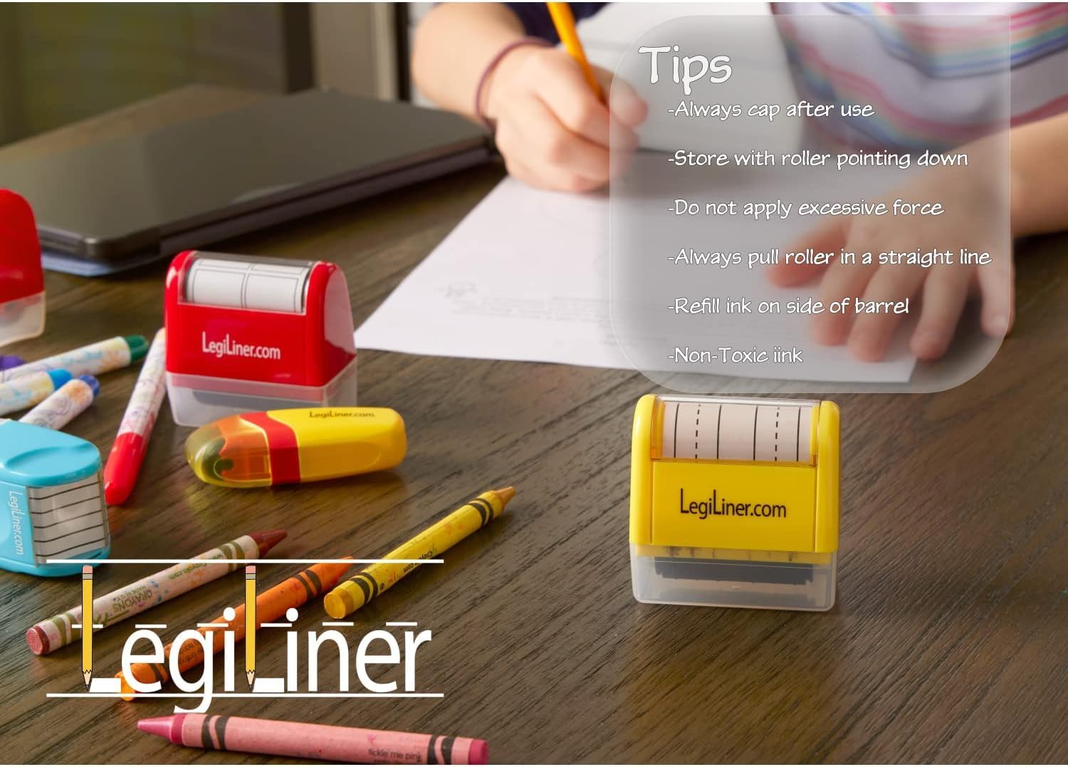 LEGILINER 1/2" Double Stack Dashed Handwriting Line (Yellow) Teacher Stamp – Two Tri-Line Dashed Patterns. Classroom & Home Use. Refillable Ink Writing Practice Double Line Roller Stamp. image 5