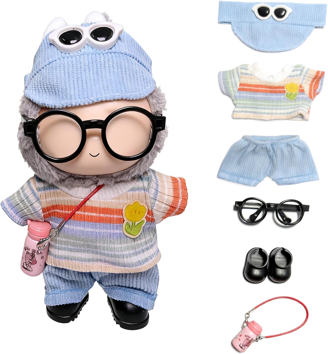 17cm Doll Clothes for Labubu, Clothing Outfits & Accessories Set, Dress Up Outfit for Labubu Doll with Purse Shoes Glasses (Red Dress Set)