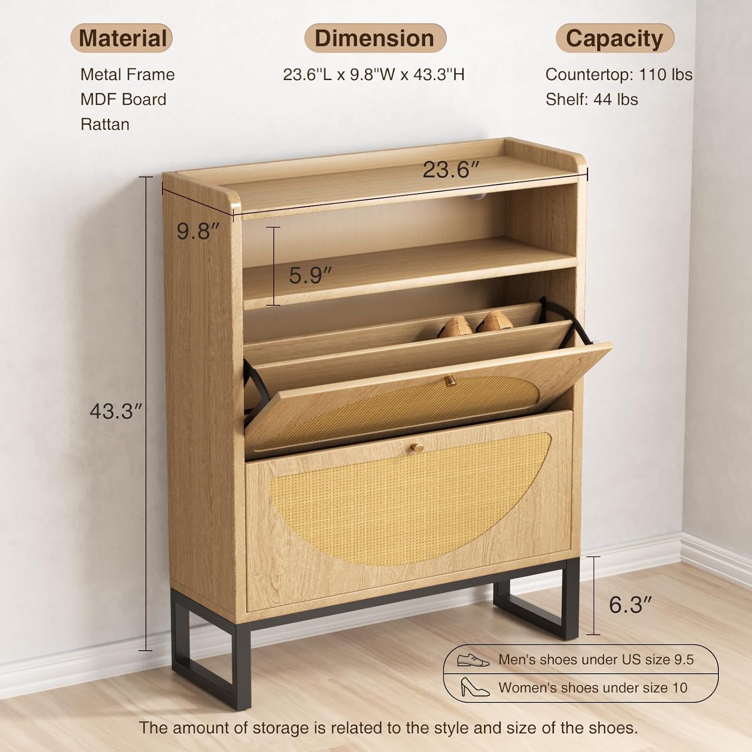Diagram showing dimensions and capacity of the shoe cabinet