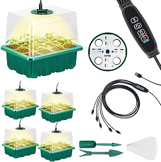 CANNABMALL Seed Starter Tray 5 Packs Seedling Starter Trays with Grow Light 8 LEDs, Timer, Dimmable, Seed Starting Trays K...