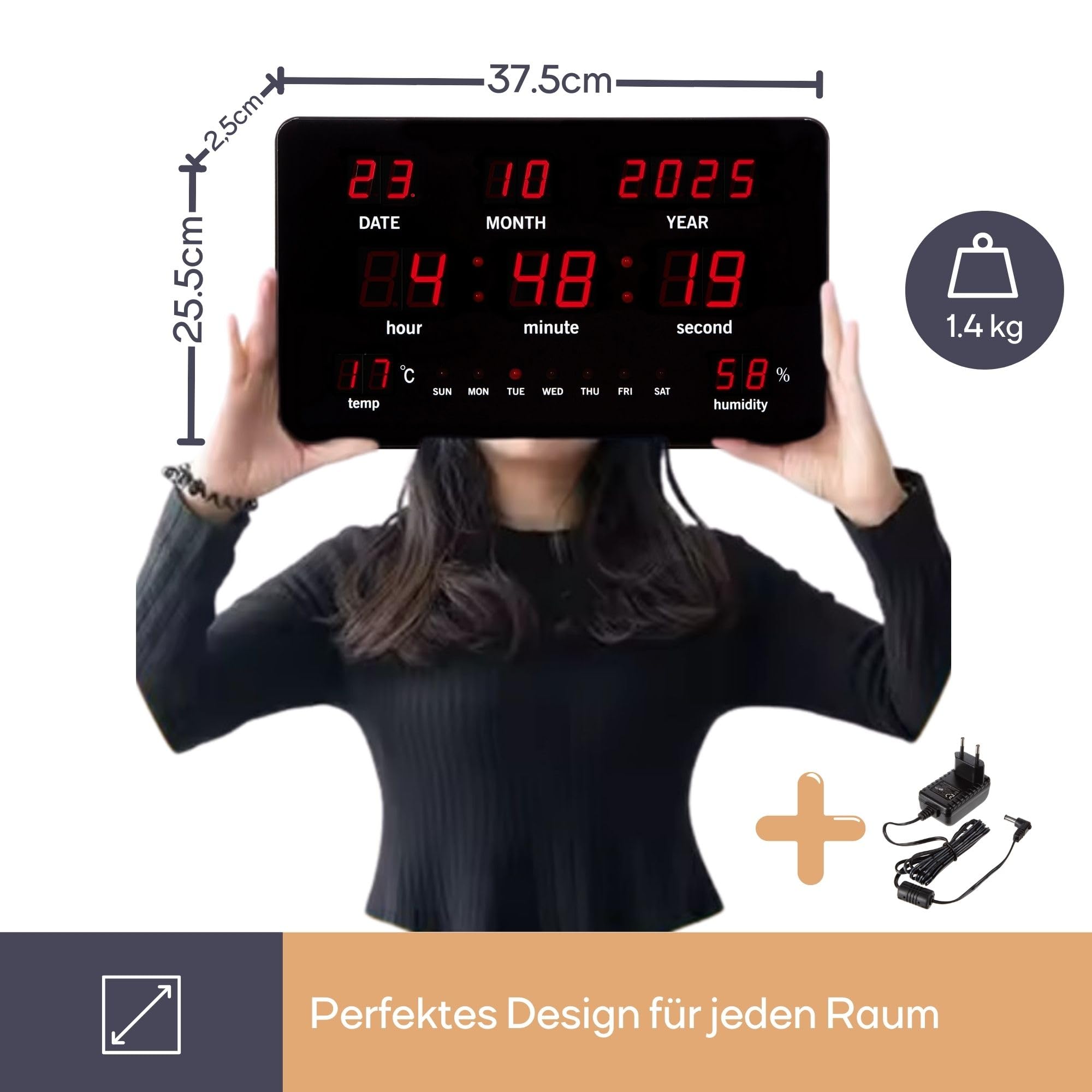 Perel Digitale Wanduhr schwarz, großes LED-Display 37.5x25.5cm, rote LEDs, Digitale Uhr mit Kalender, Zeit, Datum, Temperatur und Feuchtigkeit, Thermometer und Hygrometer, für Büro, Werkstatt und