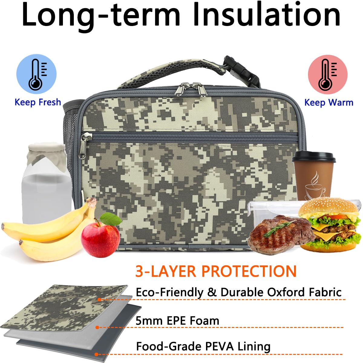GYEUKHAM Lonchera aislada para la escuela, térmica, reutilizable, duradera, congelable, para niños, niñas, hombres y mujeres, kit de bolsa de almuerzo portátil para trabajo, picnic, viajes, camuflaje
