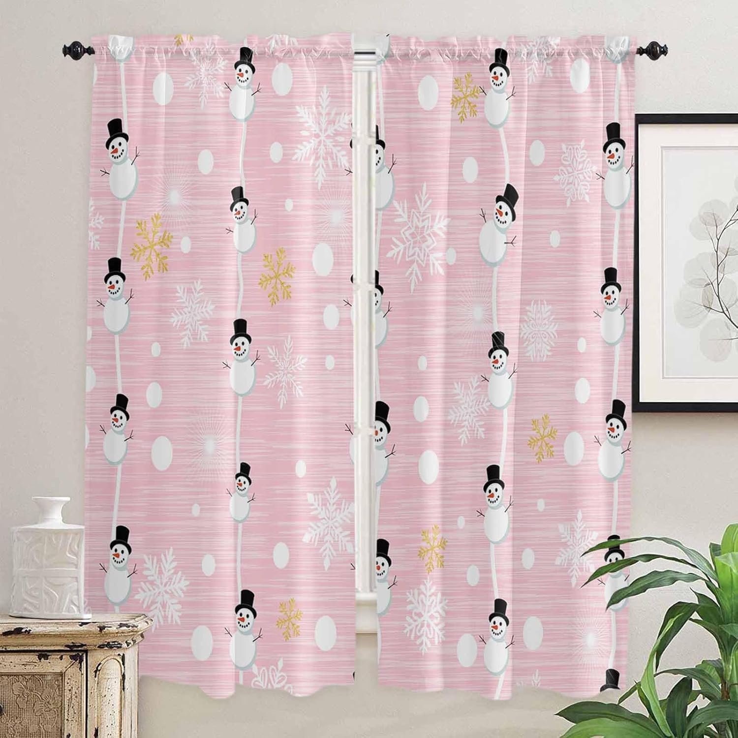 Christmas Snowman Pink Window Curtains 72 Inch Long 2 Panel Set, Rod Pocket Long Curtains & Drapes, Winter Snowflakes Xmas Retro Light Filtering Window Treatment for Bedroom Living Room 52"W x 72"L