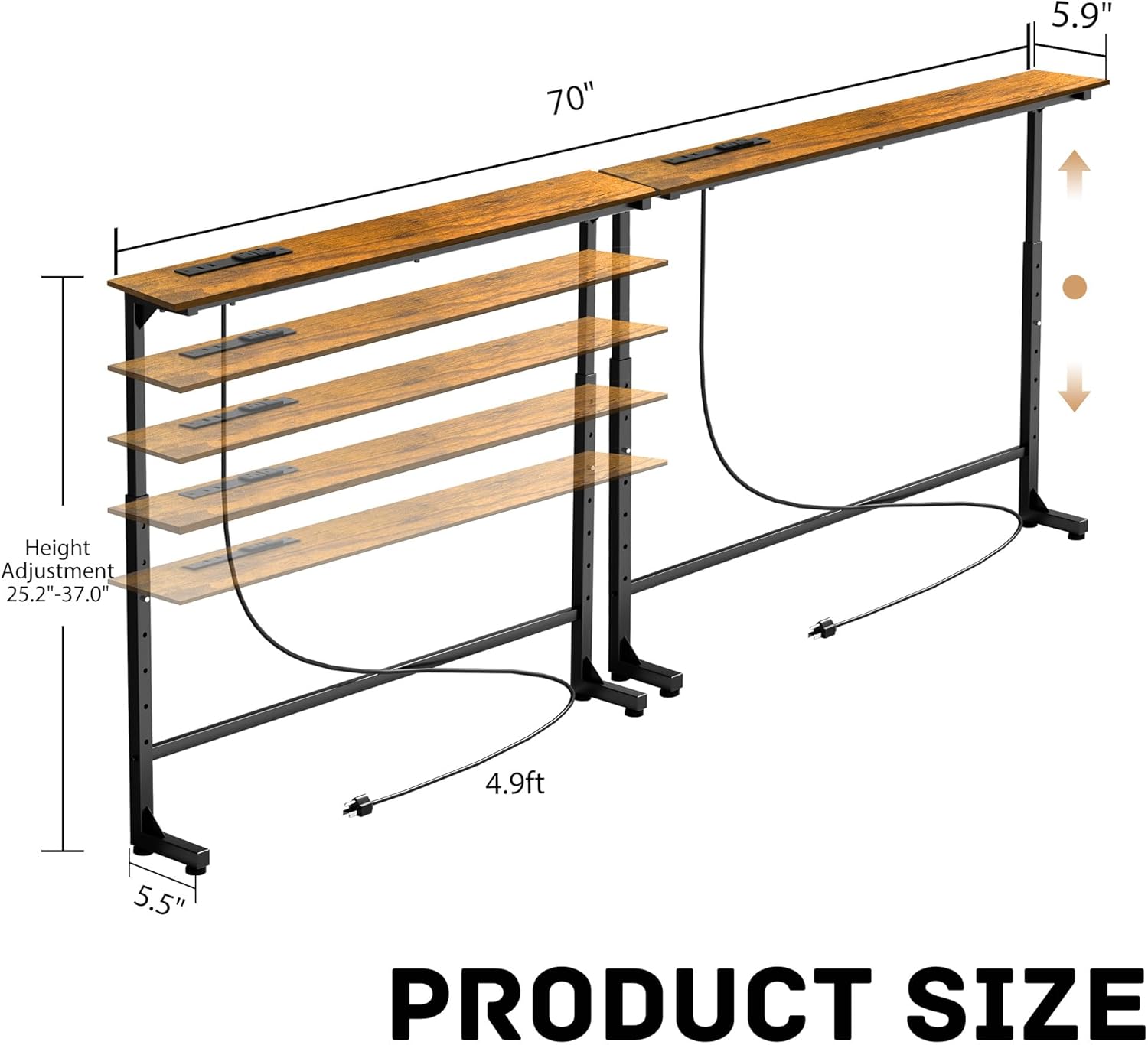 Adjustable Height Narrow Sofa Table with Built-in Power Outlets, 70" Long Console Table Behind Couch Table with Charging Station Skinny Entryway Table for Living Room & Hallway (Rustic Brown)