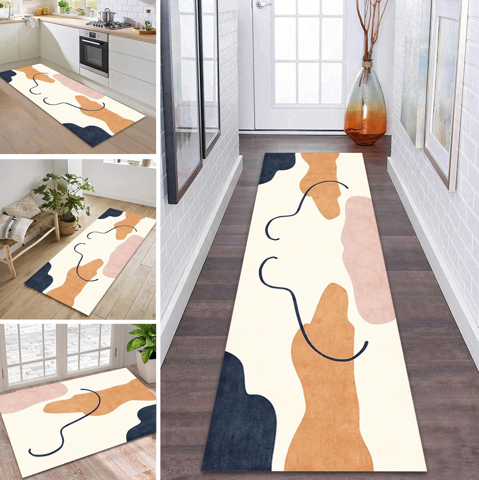 Tapis de couloir long de style contemporain beige et bleu de 100 x 240 cm