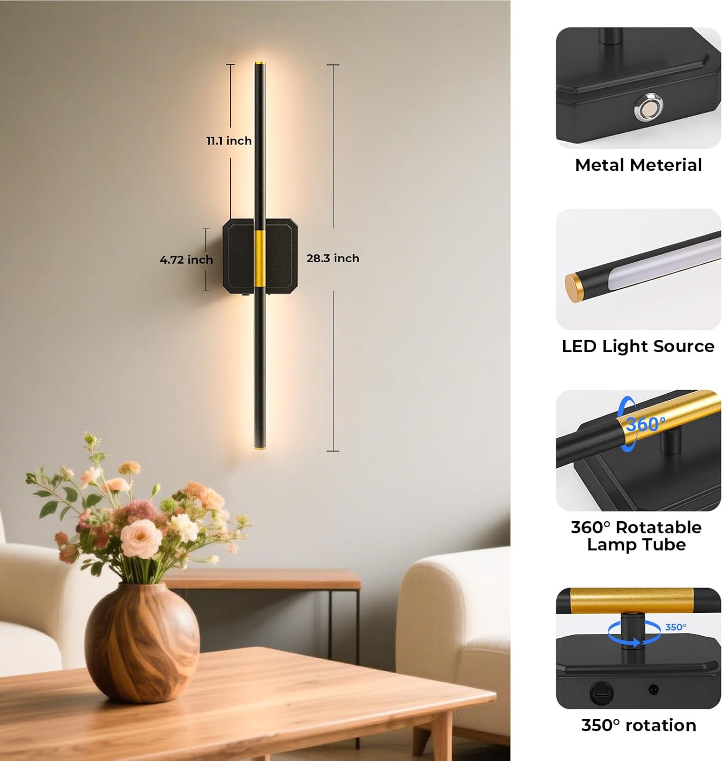 GvvooHome 1 Pack 28.3 Inch Battery Operated Wall Sconce Detachable, 10000mAh Wireless Rechargeable Wall Lights，Dimmable Wall Lamp with Remote Control, 3000K-6500K Infinite Dimming (Black Gold)