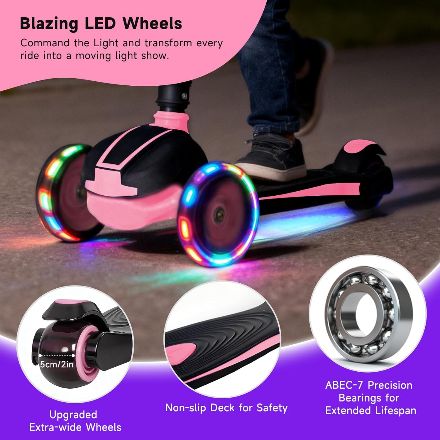 Nattork Kids Scooter for Age 3-8, Toddler Scooter with 4 Adjustable Height for Boys & Girls, Light Up 3-Wheels Foldable Kick Scooter, Lean to Steer, 120LB Weight Capacity