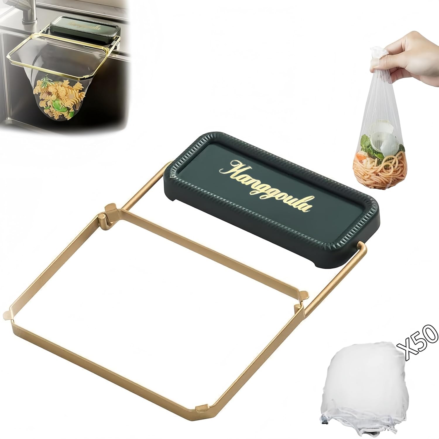 Foldable Kitchen Sink Filter Basket, Non-Clogging Sink Strainer Rack with 50 Disposable Mesh Bags, Food Waste Catcher for Kitchen Sink, Collects Vegetable/Fruit/Meat Scraps, Green