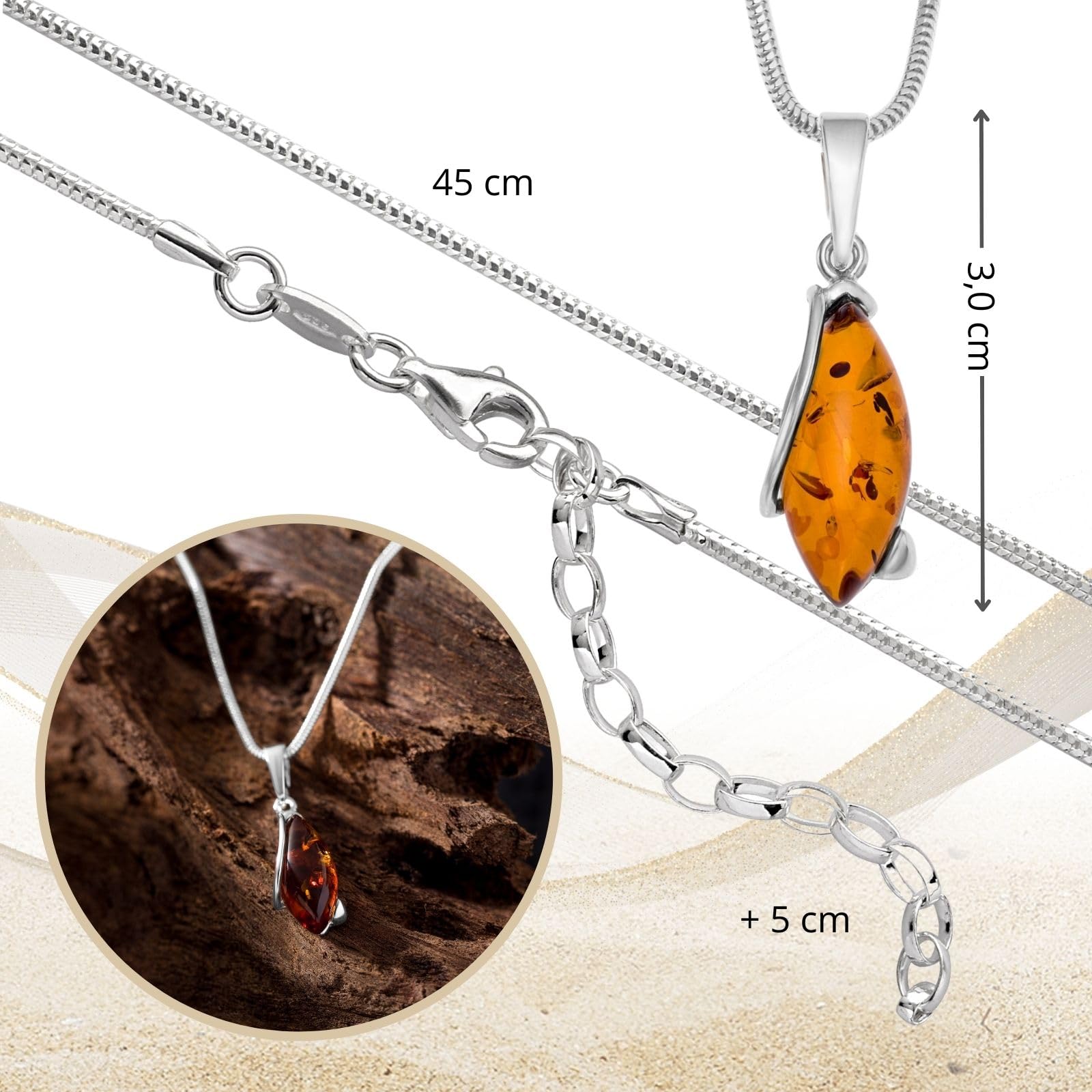 Copal Collana Con Pendente In Ambra A Goccia Il Lunghezza Regolabile Argento