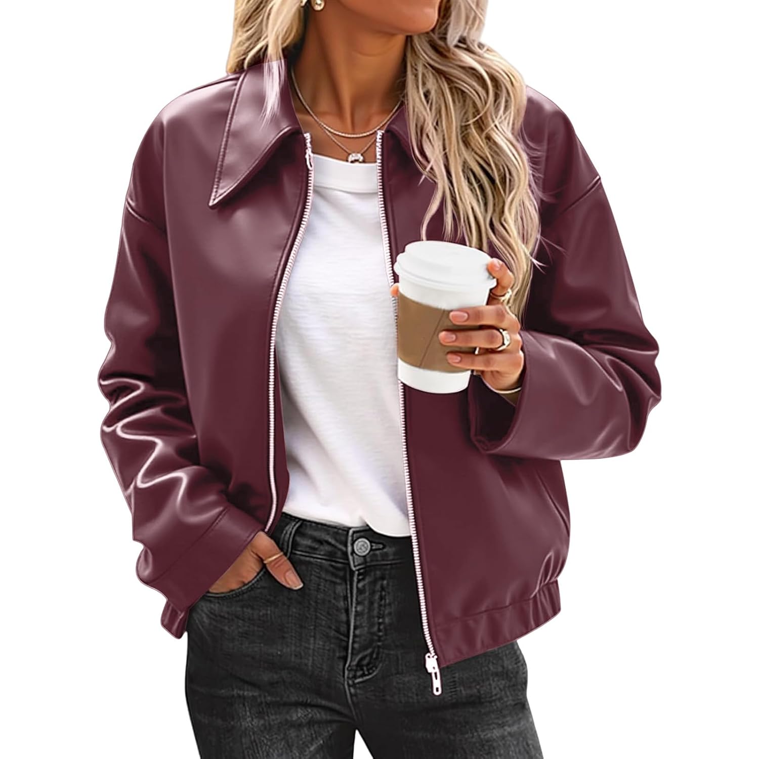 Oversized Leather Jacket Women Cropped Zip Up Motorcycle Biker Coat Fashion Lightweight Windproof Fall Winter Outwear
