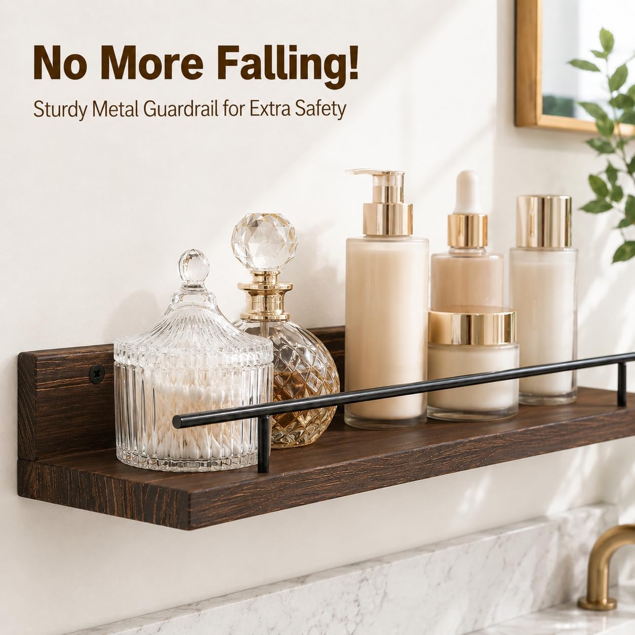 Wood Floating Shelves for Wall Set of 3, Rustic Bathroom Shelves with Guardrail, Wall Mounted Storage Shelves for Bedroom, Living Room and Kitchen