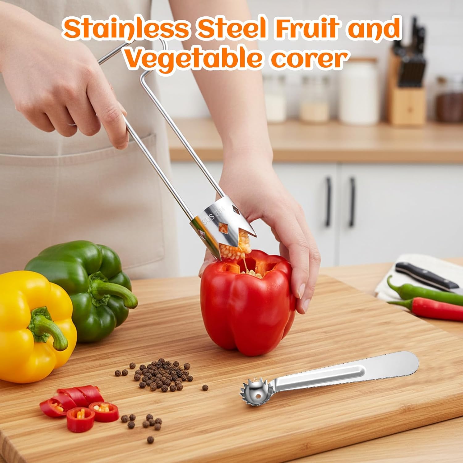 2 Pcs Seed Corer T Shaped Fruit Stem Remover Red Bell Pepper Stainless Steel Apple Pineapple Corer Tool for Vegetable Pineapple Pear Bell Pepper Kitchen Gadget