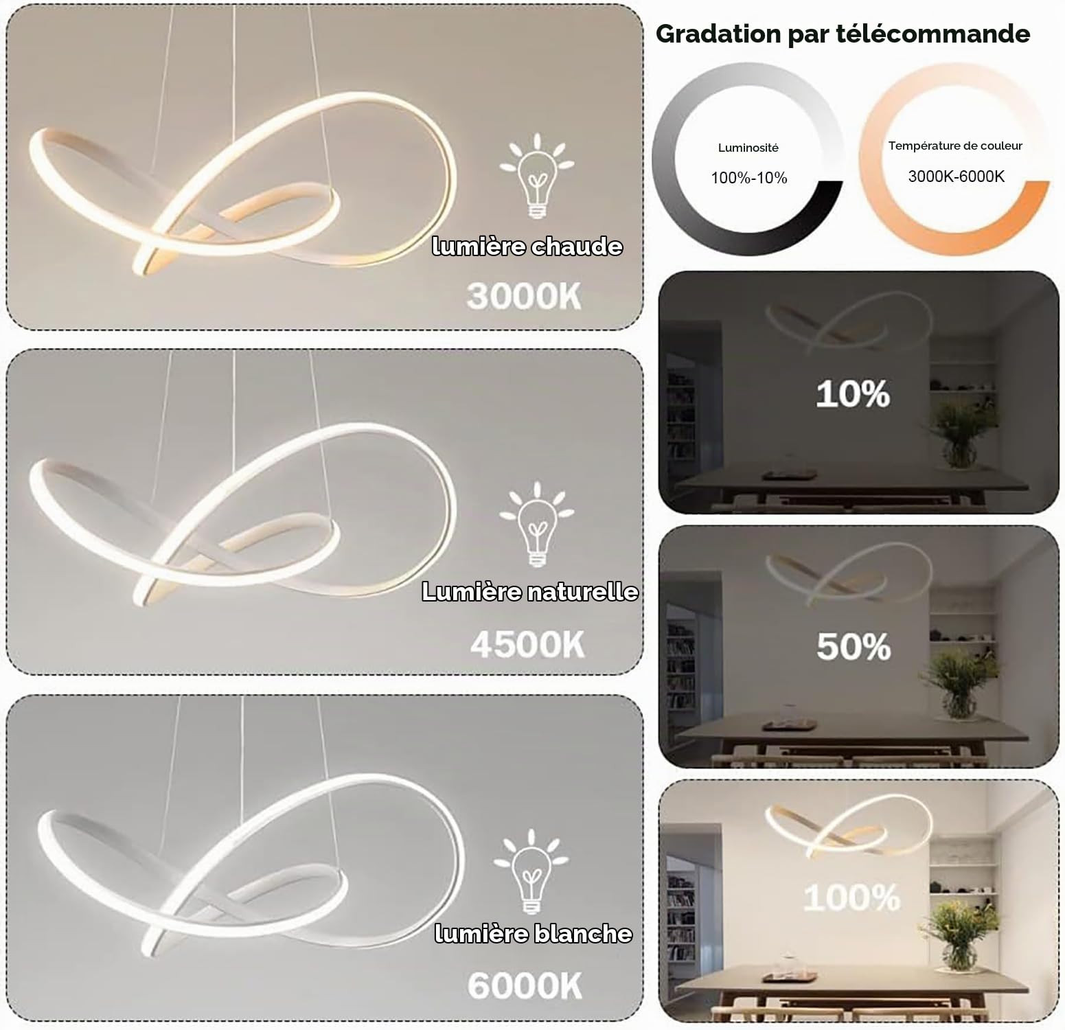 LED Suspension Luminaire, 30W Lustre Chambre avec Télécommande Dimmable, 50CM Lustre Cuisine LED Réglable en Hauteur, Plafonnier Salon Moderne pour Salle à Manger, Salon, Cuisine