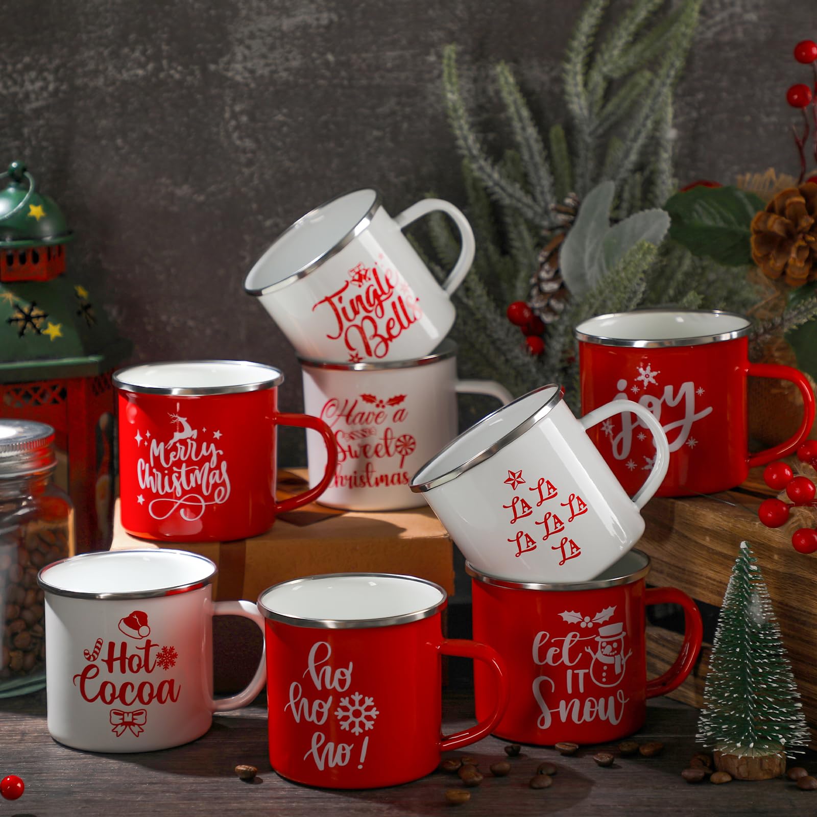 Lot de 12 tasses à café de Noël en émail avec citations « Merry Christmas » - 355 ml - Tasses à café amusantes pour femmes, collègues, enfants
