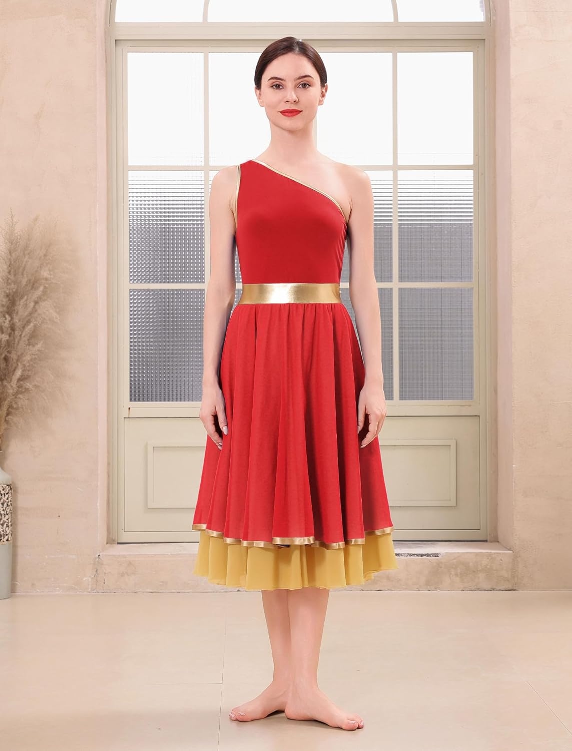 IBAKOM Women One Shoulder Praise Dance Tunic Dress Metallic Waist Chiffon Skirt Worship Overlay Tunic Liturgical Dancewear