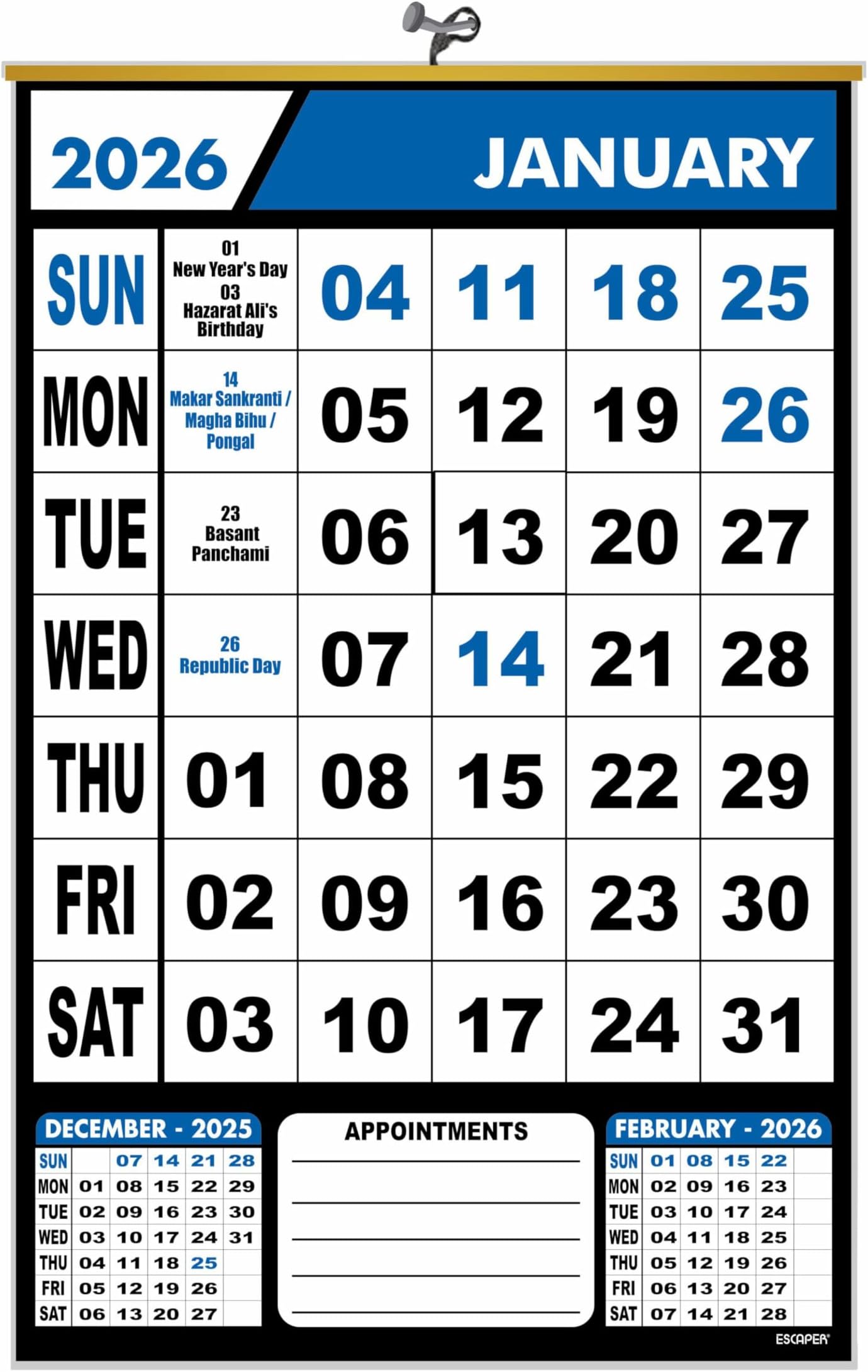 ESCAPER 2026 Office and Home Wall Calendar Hanging, Indian Holidays Marked, Monthly Appointment and Event Planner, Organiser Calendar for Work Desk, Study Room and Home Wall