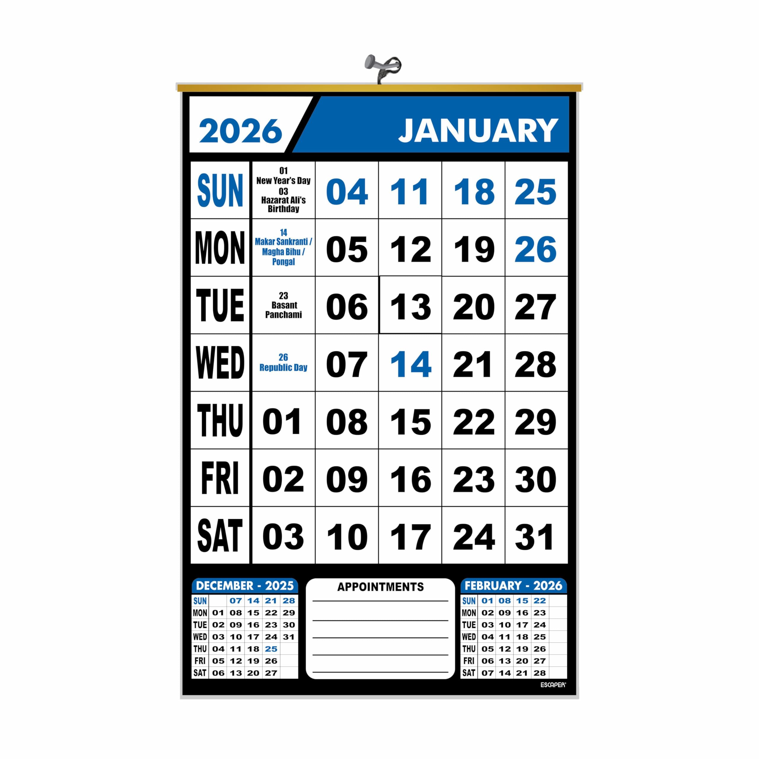 ESCAPER Calendario de pared azul 2026, calendario colgante grande con vacaciones indias, planificador mensual, papel de 100 g/m², diseño fácil de colgar, calendario de Año Nuevo 2026