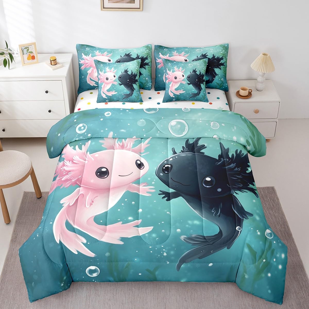 Erosebridal Pink Black Axolotl Bed in A Bag for Girls Boys,Cute Axolotl Animal Kids Comforter Sets Cartoon Salamander 7 Piece Bedding Set Queen Size,Underwater World Wildlife Bed Set