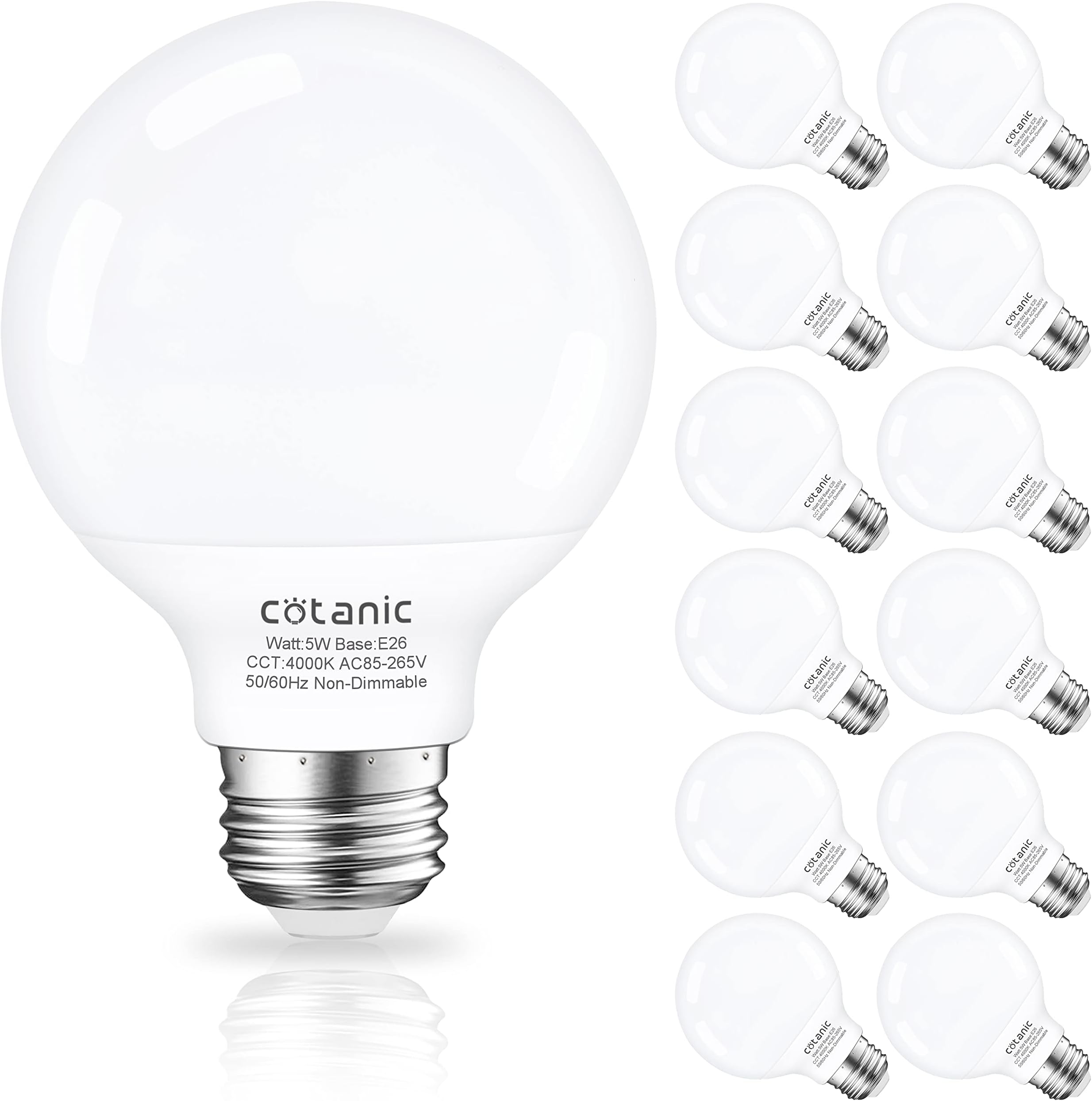 Cotanic G25 LED Globe Light Bulbs,E26 Standard Base,5W,60 Watt Incandescent Equivalent,500LM,Non-Dimmable, 12 Pack Vanity Light Bulb for Bathroom 4000K Daylight
