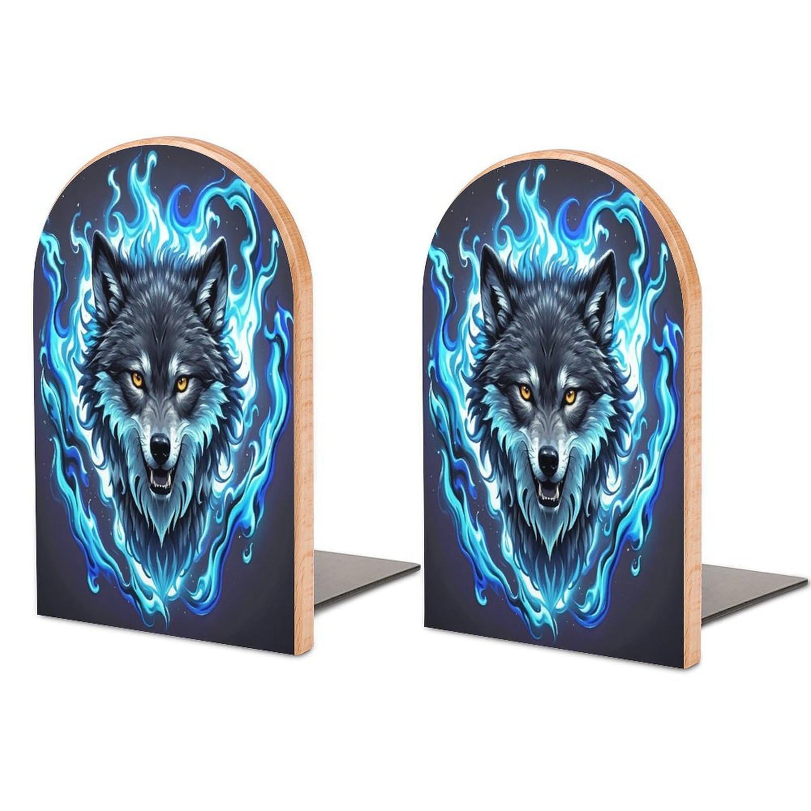Wolf Head in Blue Flames Bookend for Shelves Unique Book End Sturdy Books Holder Heavy Duty Wooden Bookends Support Non-Slip Book Organizers Decorative Modern Bookend Holder for Home