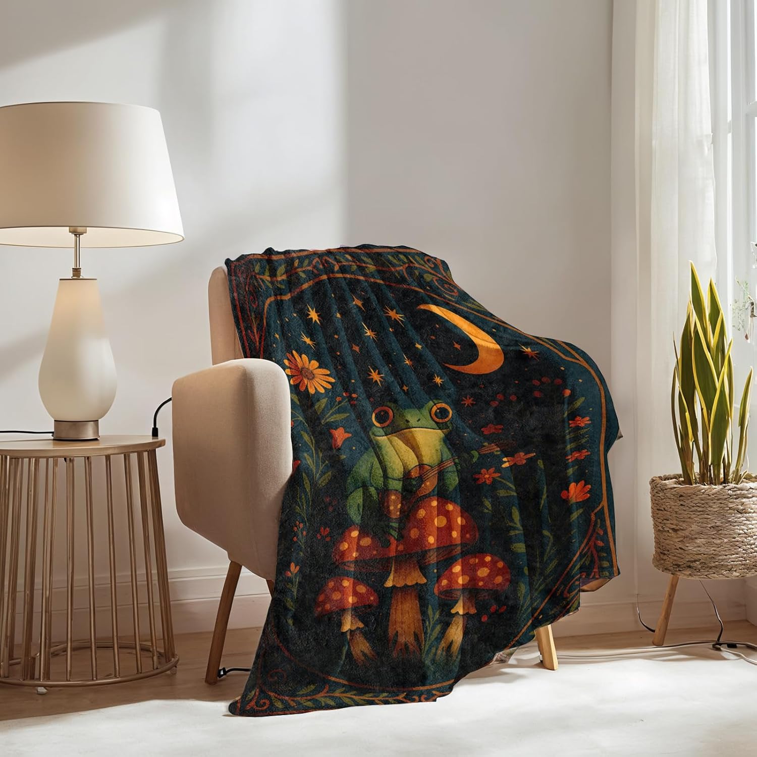 Frog Mushroom Blanket Gifts for Boys Girls Kids, Frog Playing Guitar Under Moon and Stars Warm Soft Flannel Throw Blankets for Travel, Sofa, Room, Bedroom Birthday Christmas Spring Decor, 50x60 in - Image 2