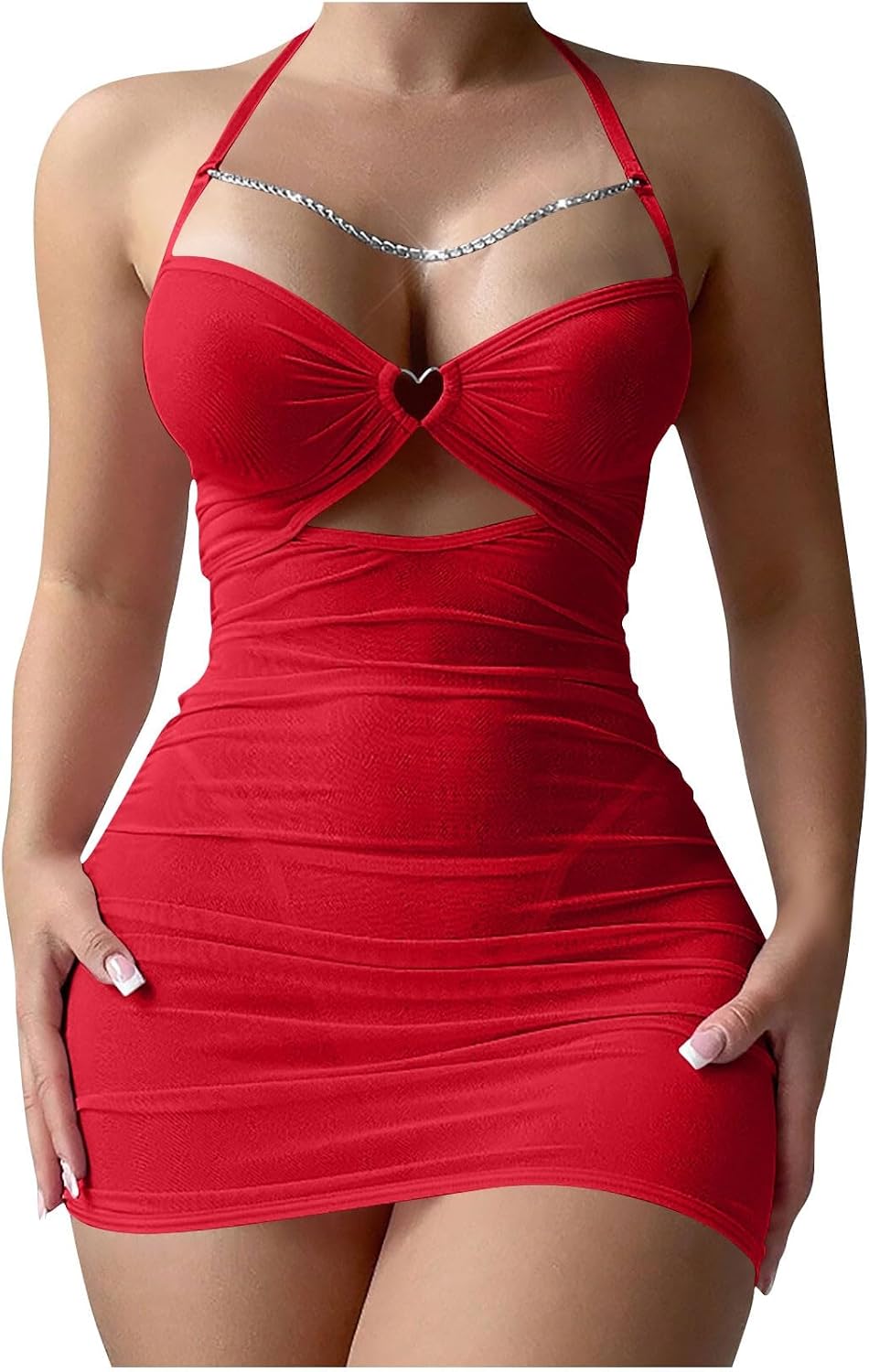 Sexy Chemise Sheer Mesh Ruched Bodycon for Women Chain Cut Out Mini Lingerie Dress Exotic Slutty Nightgown