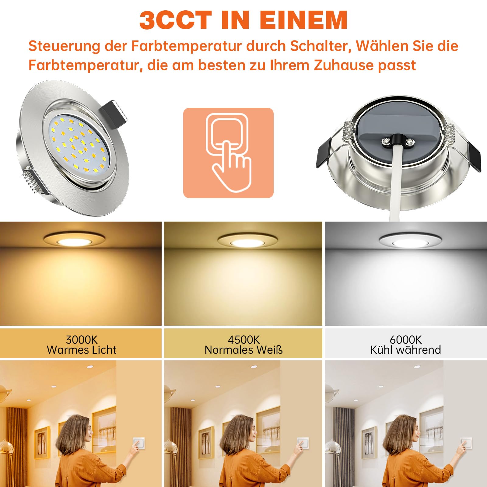 ACELIFE LED Einbaustrahler 230V, 7W 950LM Dimmbar Deckenspots Flach Einbauleuchten 68-80mm Schwenkbar Spots Warmweiß 3000K Neutralweiß 4500K Kaltweiß 6000K für Badezimmer Küche Wohnzimmer,6er Set