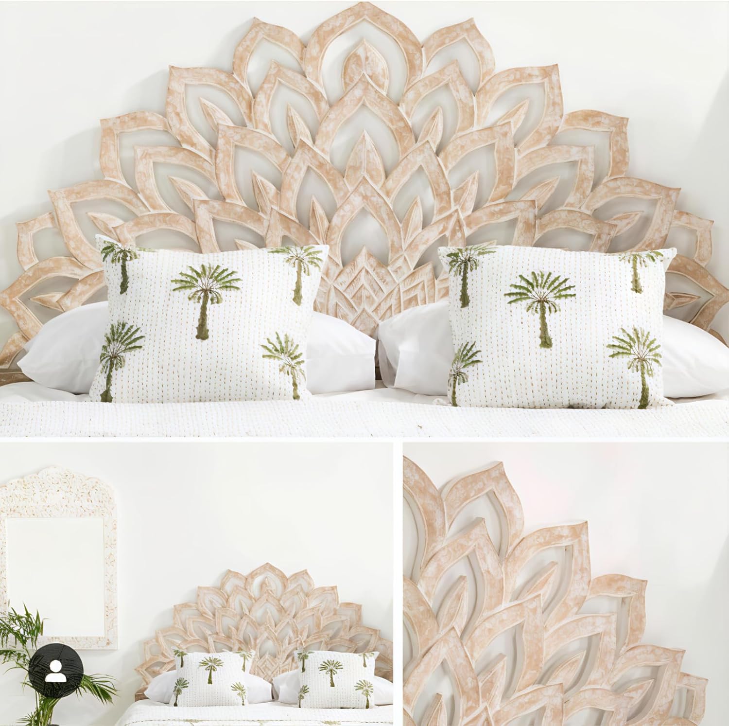 Hand Carved Half Moon Lotus Flower Headboard Bed Decor Queen Size Head Engineered Wood Wall Mounted Art Boho Headboard Home Decor (Queen Size- 63x42x1 inches) | Engineered Wood