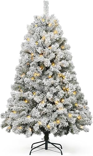 CAPHAUS Árbol de Navidad artificial preiluminado de 4.5 pies con 398 puntas de rama, soporte plegable, 200 luces LED, árbol de Navidad falso flocado