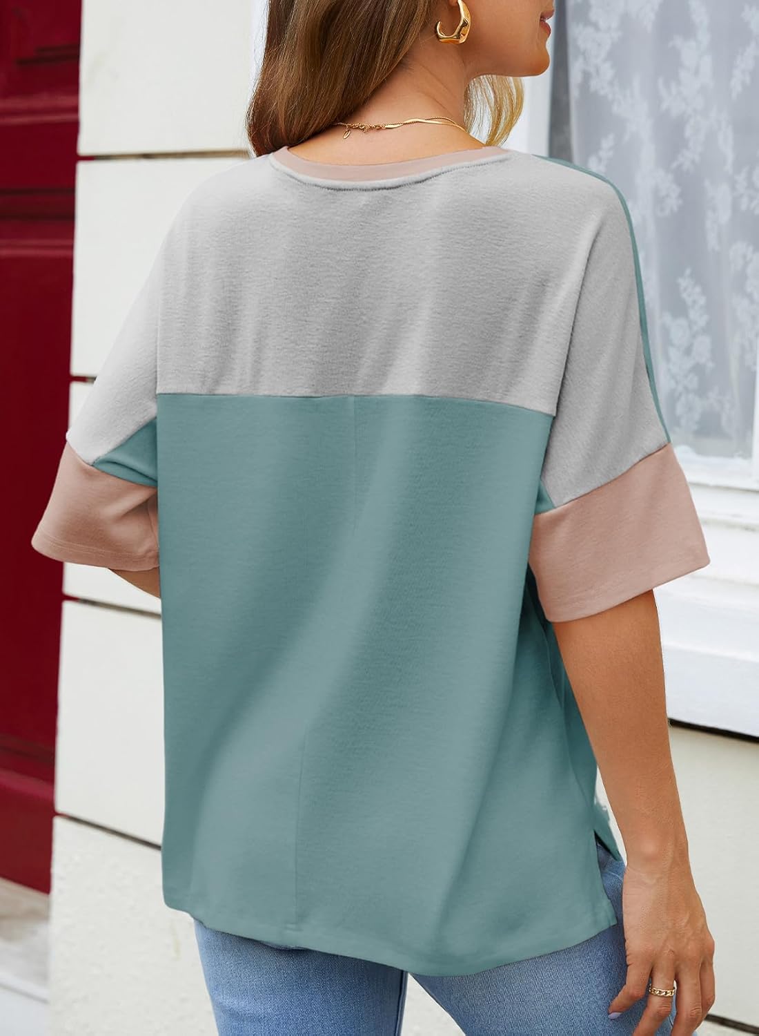 Dokotoo Womens Tops Oversized Trendy Shirts 2026 Summer Color Block Crewneck Business Casual Womens Blouses S-2XL - Image 4