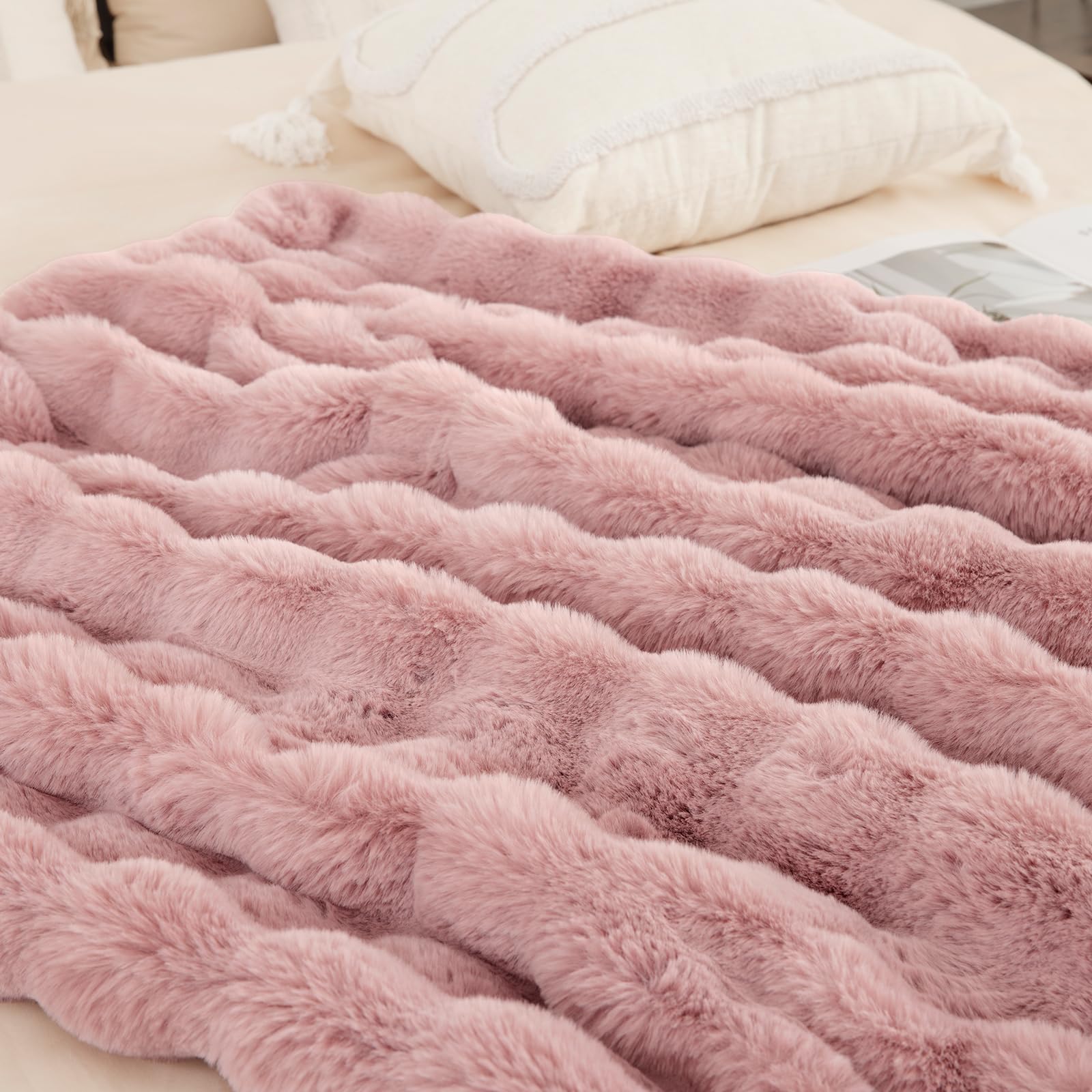 Enyhom Bubble Decke 152x203 cm Rosa, Kaninchen Fellimitat Flauschig Weiche Warme Kuscheldecke, Sofadecke für Sofa Couch Bett Haustier Schlafzimmer Wohnzimmer Deko