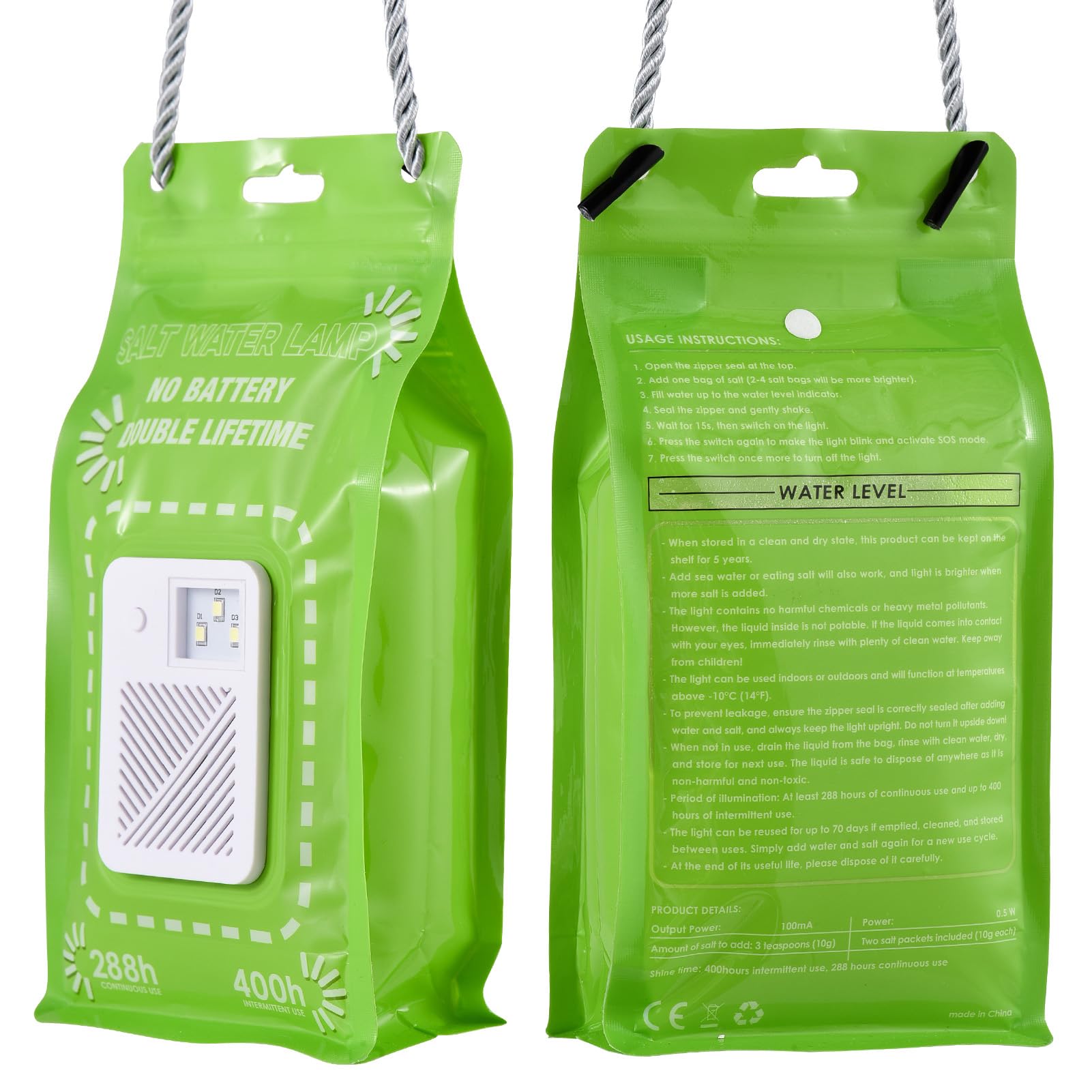 Notfall-Überlebenslicht 2er-Pack | Salzwasserbetriebene Wiederverwendbare Lampe mit 3 LEDs für Camping-Stromausfälle