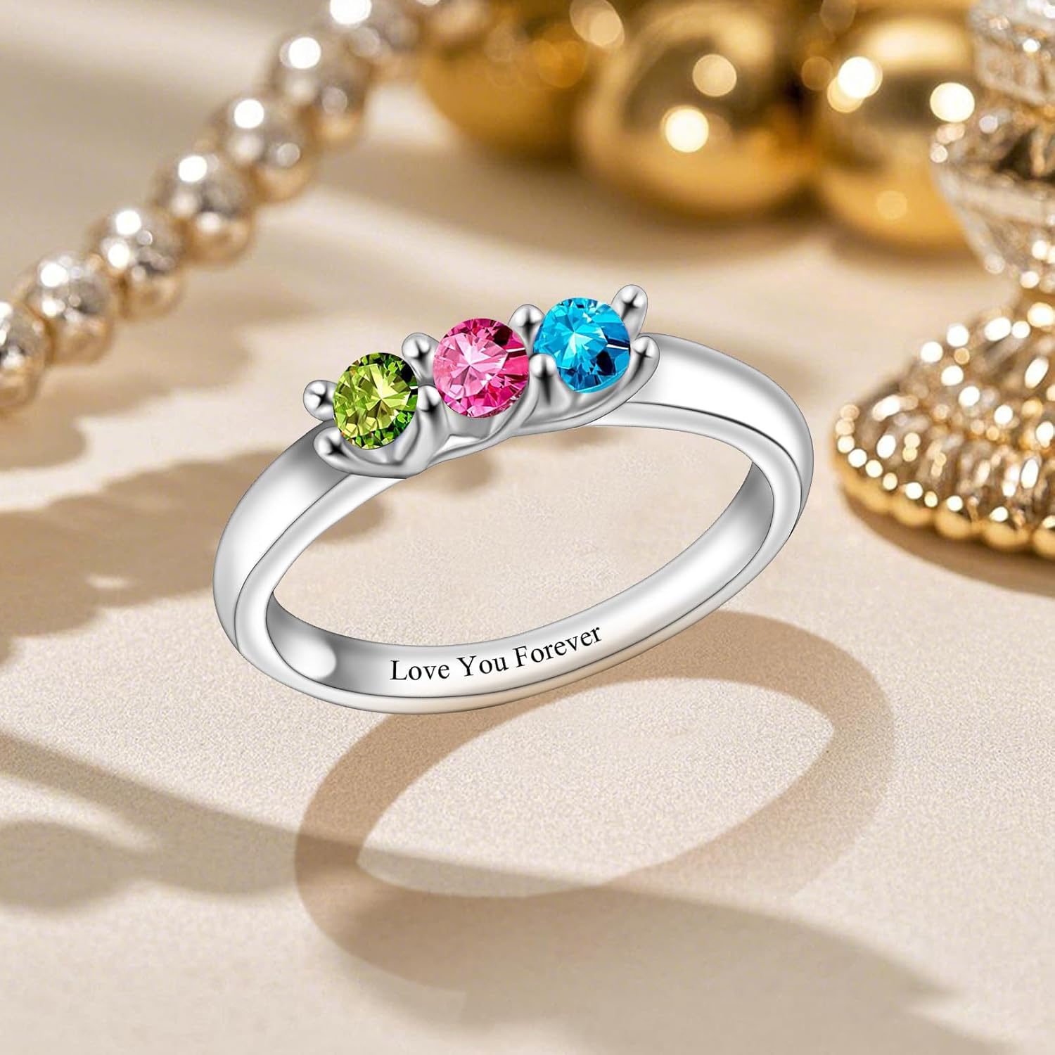 BAUMA AUTO Personalized 3 Birthstone Ring with 3 Names Engraving Mother Ring for Wife Mom Girlfriend Grandma Ring for Mother’s Day Birthday Christmas Customized Ring