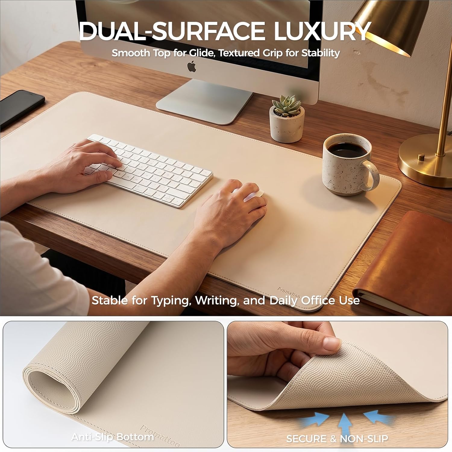Large Desk Pad Non-Slip Desk Mat Protector for Keyboard Mouse Waterproof Vegan Leather Surface Faux Leather Laptop Mat Smooth Mouse Pad Premium Gift Tube Warm Beige 47" x 23"