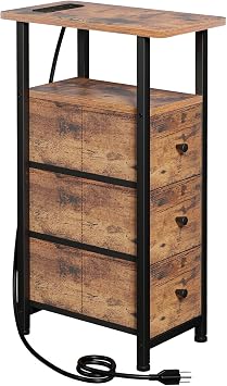 LOAKEKEL Narrow End Table with Charging Station, Small Nightstand | Skinny Side Tables Living Room with 3 Fabric Drawers, Slim Bedside Table for Bedroom, Small Spaces, Couch, Brown