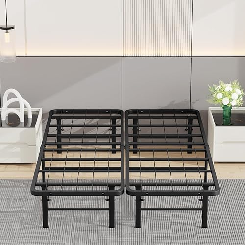 Miniatura 22 de Marco de cama de metal corto Queen con plataforma de metal plegable, listones de acero recubiertos duraderos con instalación sin herramientas, sin