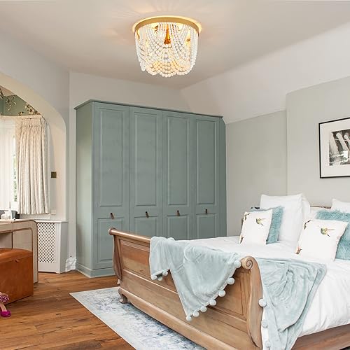 Miniatura 6 de MhyTogn Lámpara de techo semiempotrada estilo bohemio, con acabado de pintura de latón antiguo, con cuentas de madera blanca para cuarto del bebé,