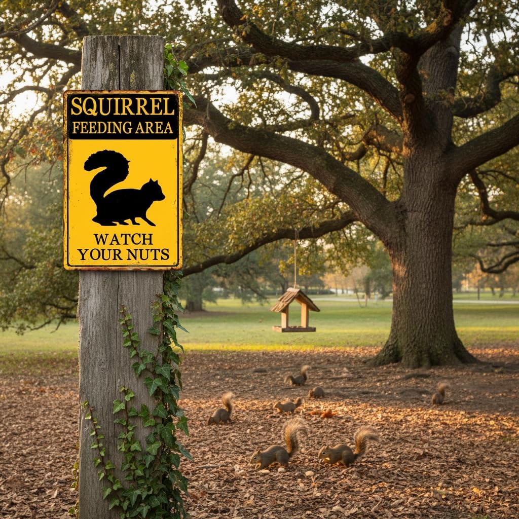Funny Squirrel Sign Funny Metal Tin Signs Squirrel Feeding Area Watch Your Nuts Signs Squirrel Decor Gifts For Squirrel Lovers Garden Signs For Outside Houses Decoration 8x12 Inch