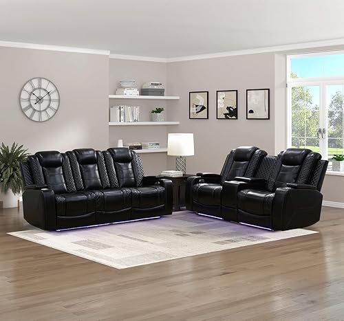 Miniatura 10 de Juego de sillones reclinables eléctricos con luces LED, juego reclinable de cuero acolchado con aire con puerto USB/almacenamiento/portavasos/luz de