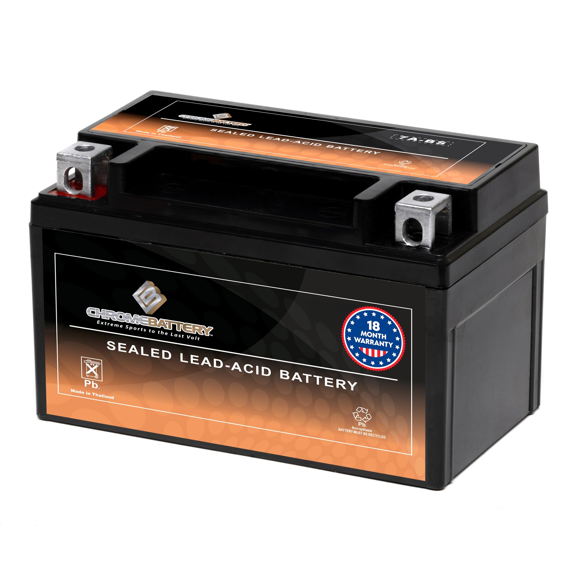 Chrome Battery YTX7A-BS Maintenance Free Replacement Battery for ATV Motorcycle Scooter 12V 7 Amp 6Ah Nut & Bolt (T3) Terminal