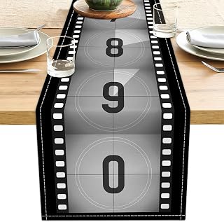 Movie Night Table Runner 13x71 Inch Movie Themed Party Decorations Black White Film Strip Table Decorations Runners for Home Kitchen Dining Room Party (13x71 Inch, Movie Night)