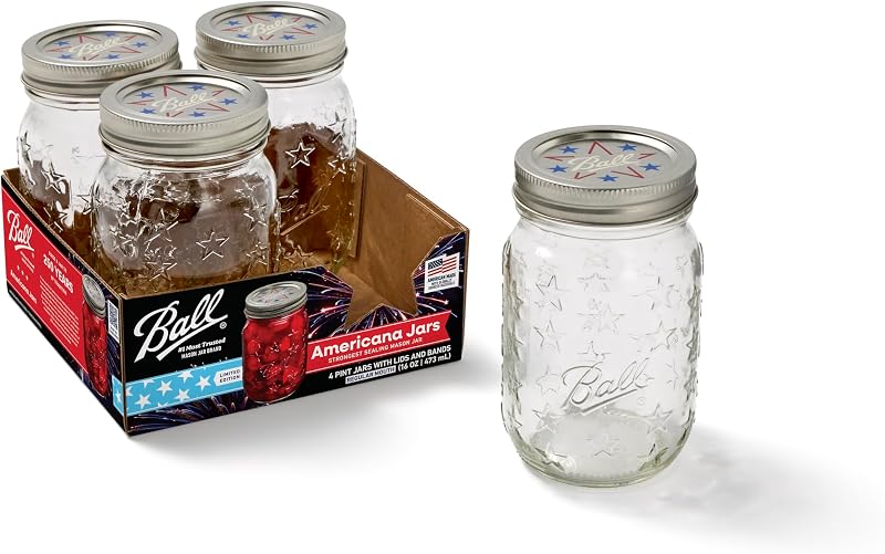 Americana Tarros Mason de boca regular, 16 oz, paquete de 4 con tapas y bandas | Fabricado en Estados Unidos, calidad confiable, sello SureTight, diseño de estrella de edición limitada, uso multiuso
